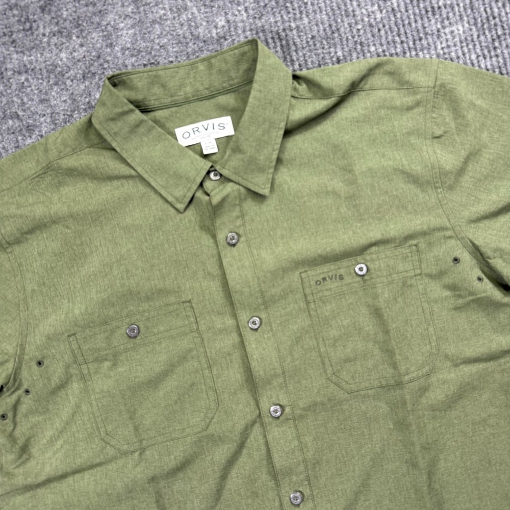 Orvis Mens Short Sleeve Button Down Shirt Olive Green Performance Large